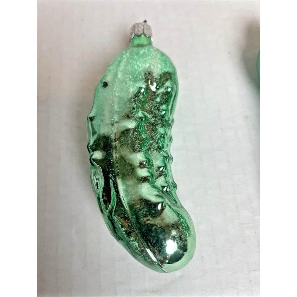 2 Vintage Hand Blown Glass Pickle Ornaments Christmas Holiday